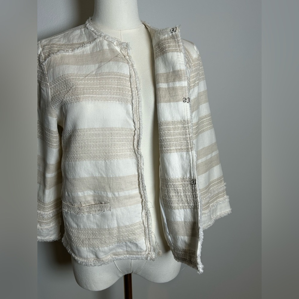 Greylin stripe linen cotton Blazer small fringe trim open front - Picture 5 of 10